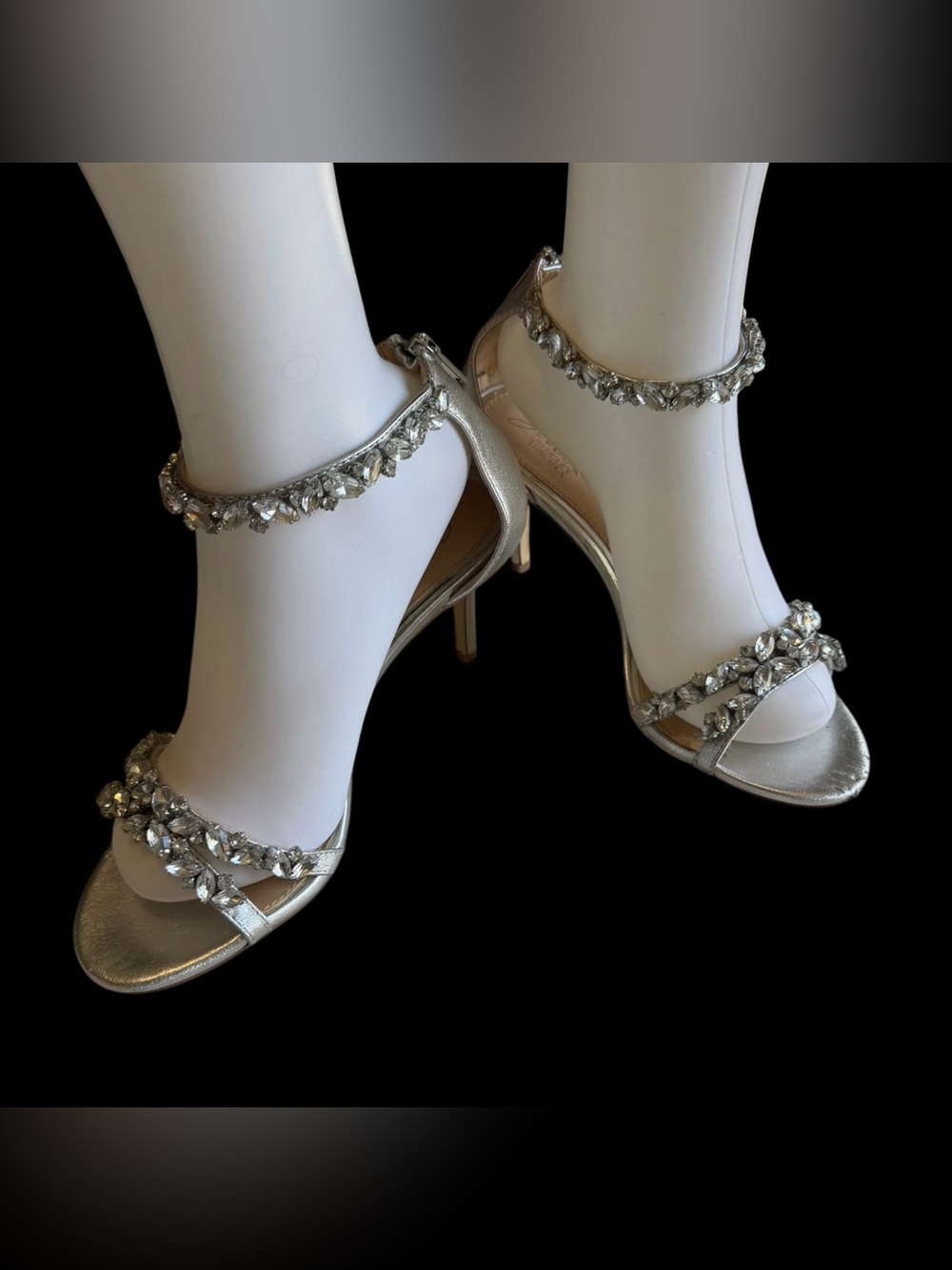 Badgley Mischka Silver Crystal-Embellished Ankle-Strap Heels